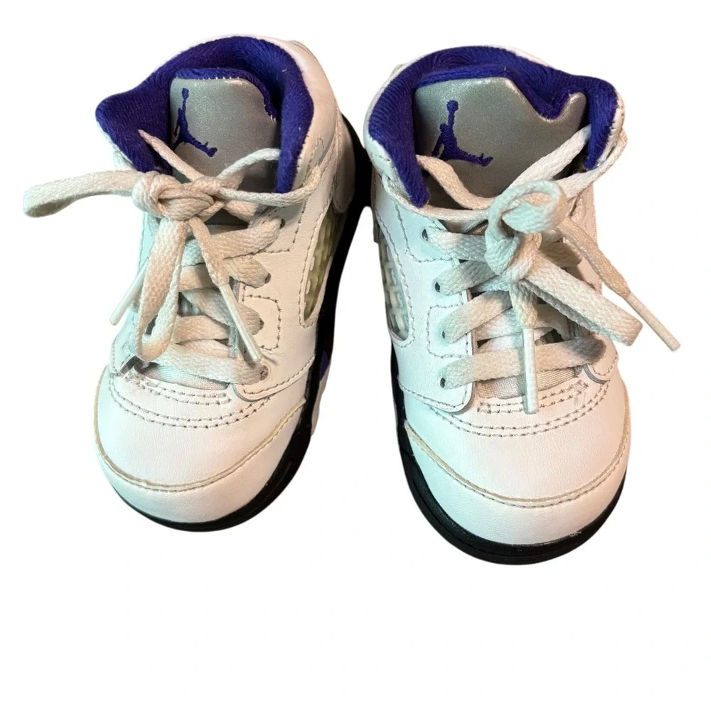 Cute Tiny Jordan 5 Retro Basketball Shoes‎ White Purple Sneakers Toddler Size 5C